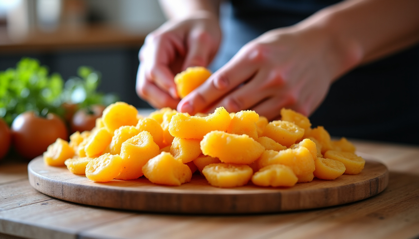 Préparation des patates douces: épluchage, découpe en bâtonnets et mélange avec épices