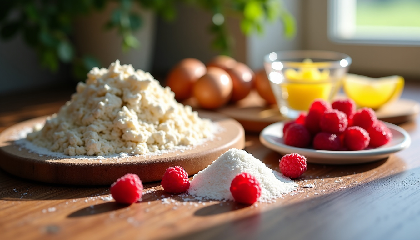 Préparation du gâteau aux framboises avec les ingrédients disposés sur un plan de travail: farine, œufs, beurre, sucre, framboises et zeste de citron