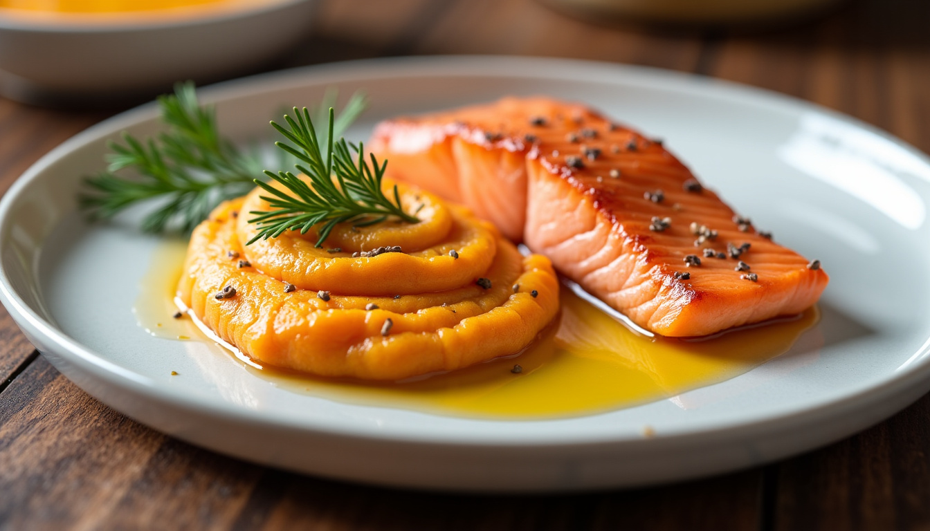 Purée de patate douce accompagnant un pavé de saumon grillé