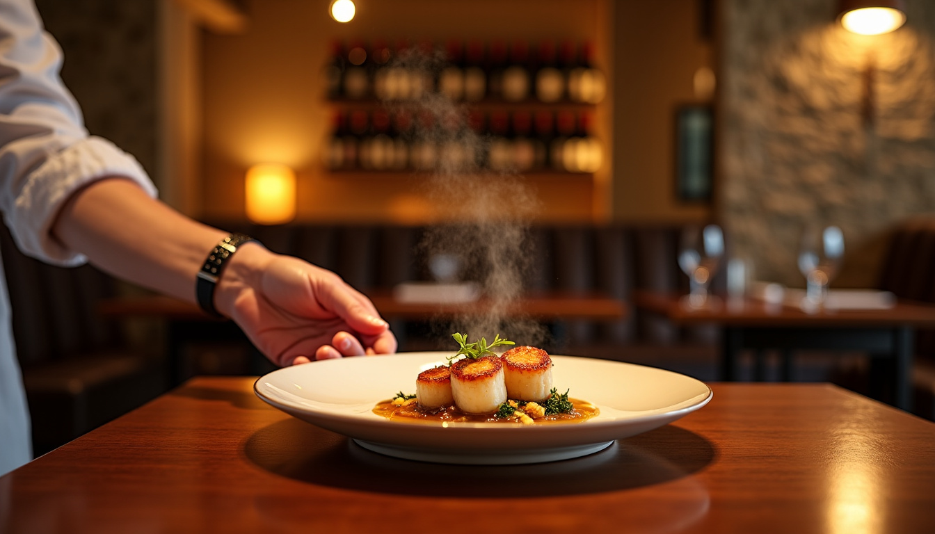 Quentin Mauro en train de servir un plat à un convive dans l