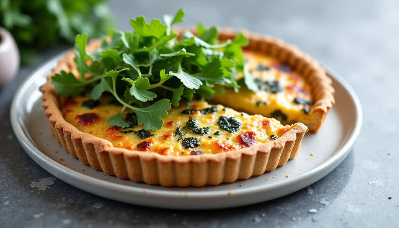 Quiche sans pâte servie avec une salade verte composée de mâche, roquette et vinaigrette maison