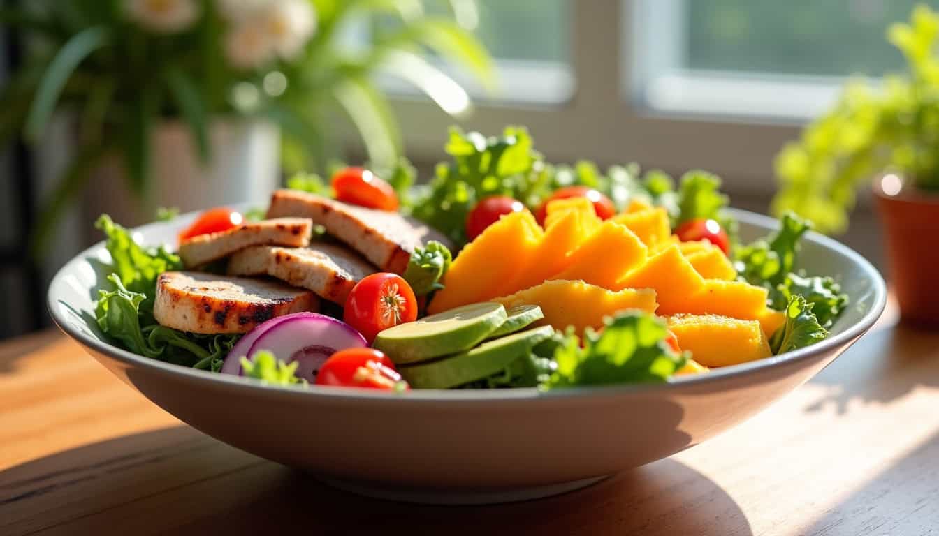 Salade composée à base de mangue Kent, avocat et poulet grillé