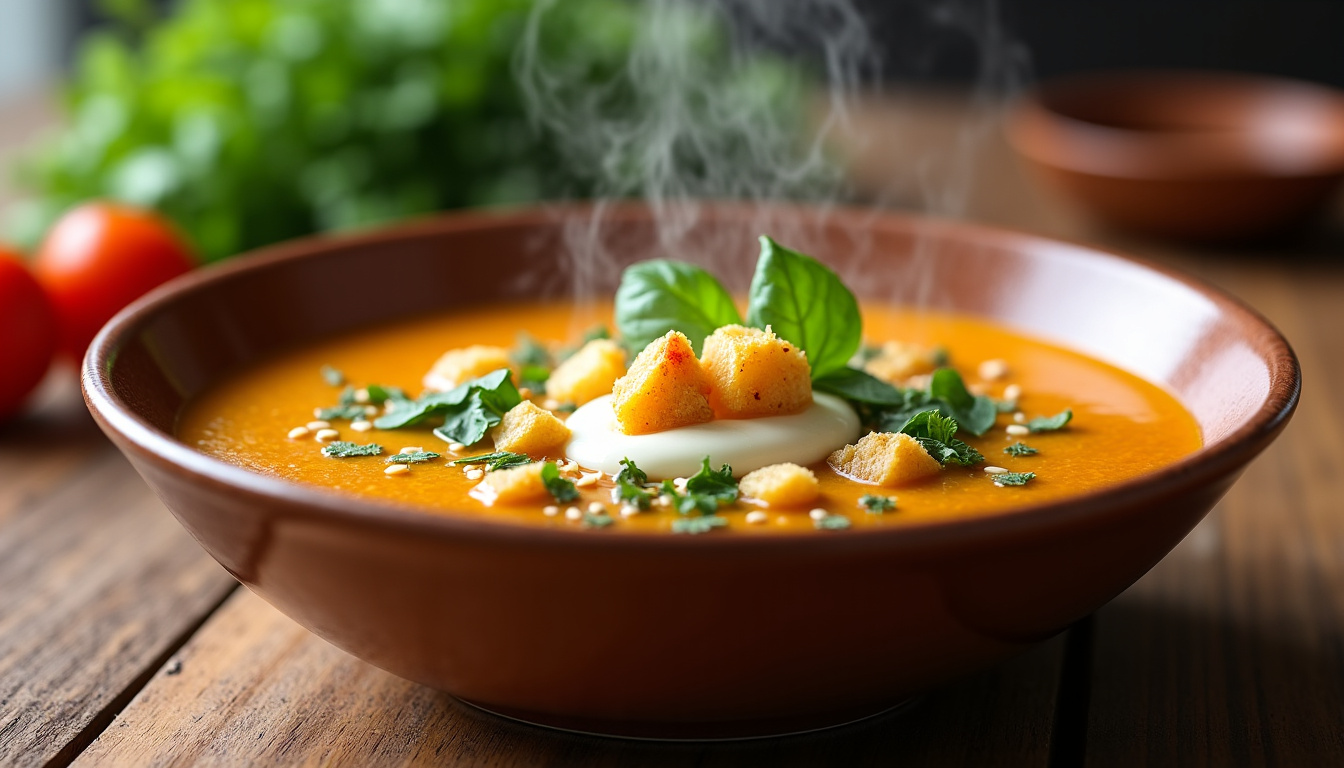 Soupe de légumes servie dans un bol avec divers toppings: croûtons, graines, herbes fraîches, yaourt et copeaux de parmesan