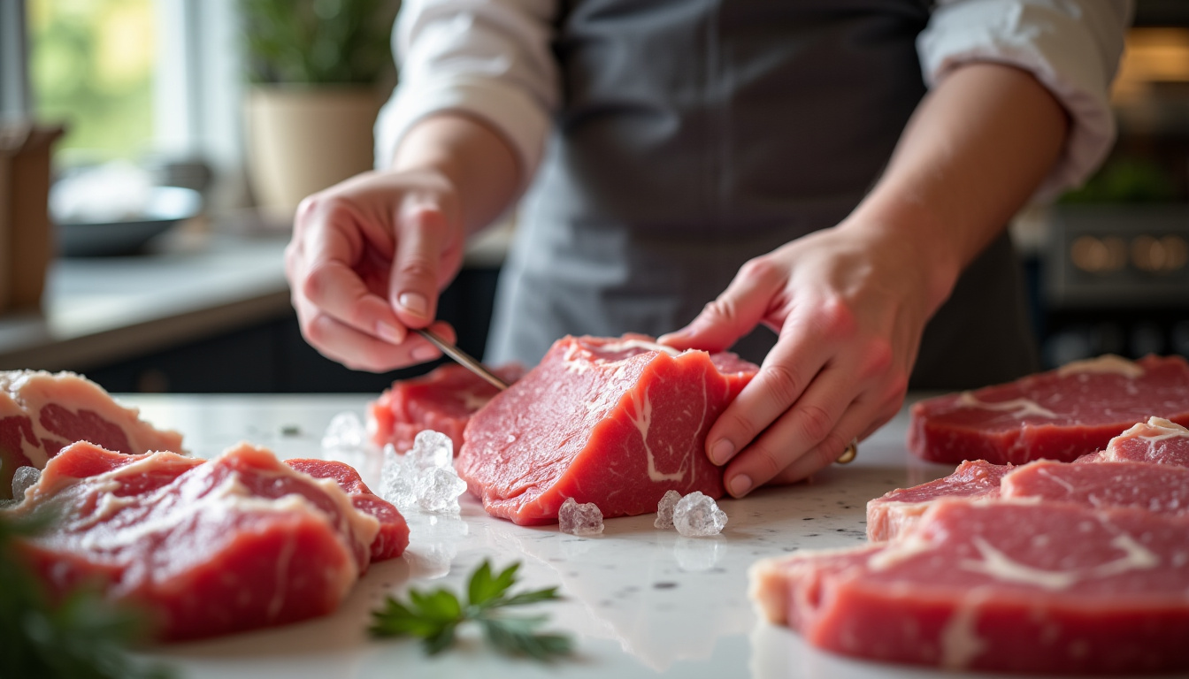 Un boucher en train de sélectionner une escalope de veau de qualité sur un étal