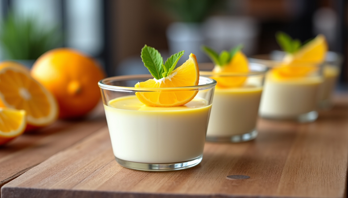 Verrines de mousse au citron et au mascarpone présentées sur une table en bois clair