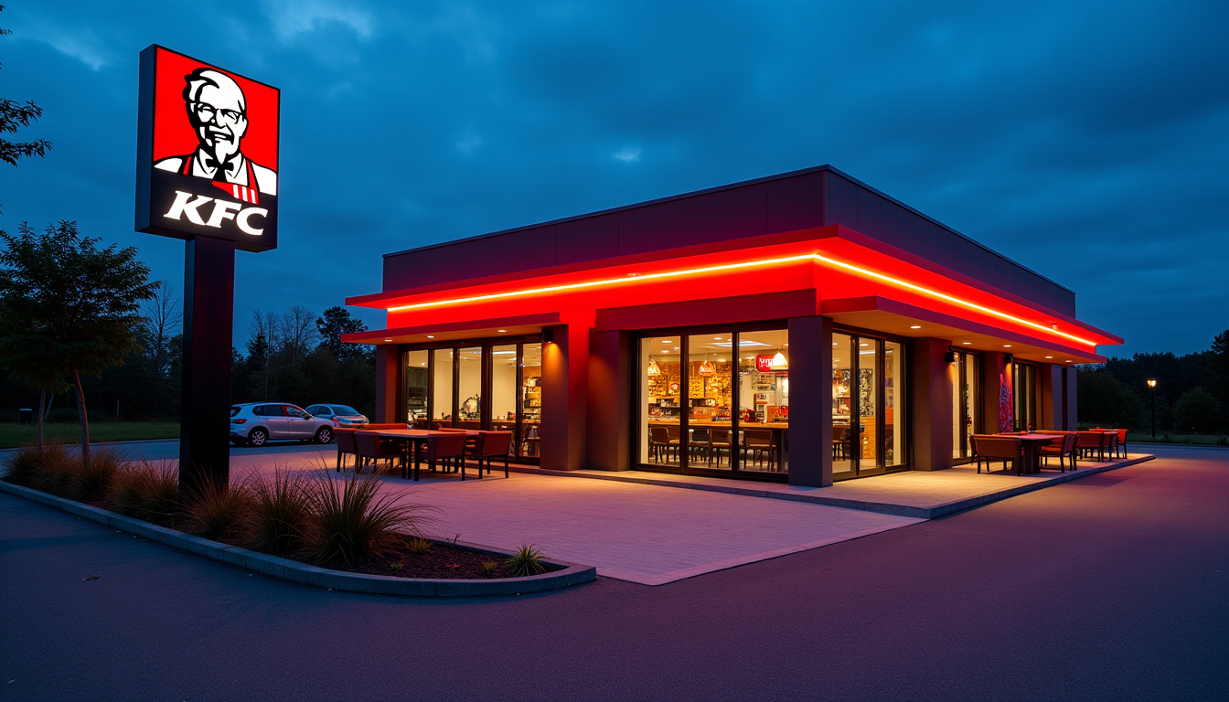 Vue extérieure du restaurant KFC situé à Amilly, avec son enseigne lumineuse et son parking facilement accessible