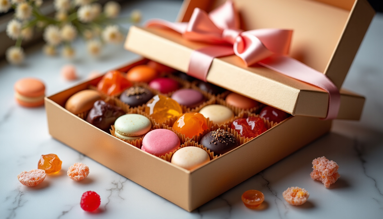 Coffret cadeau composé de friandises du monde, présenté dans une boîte élégante avec ruban