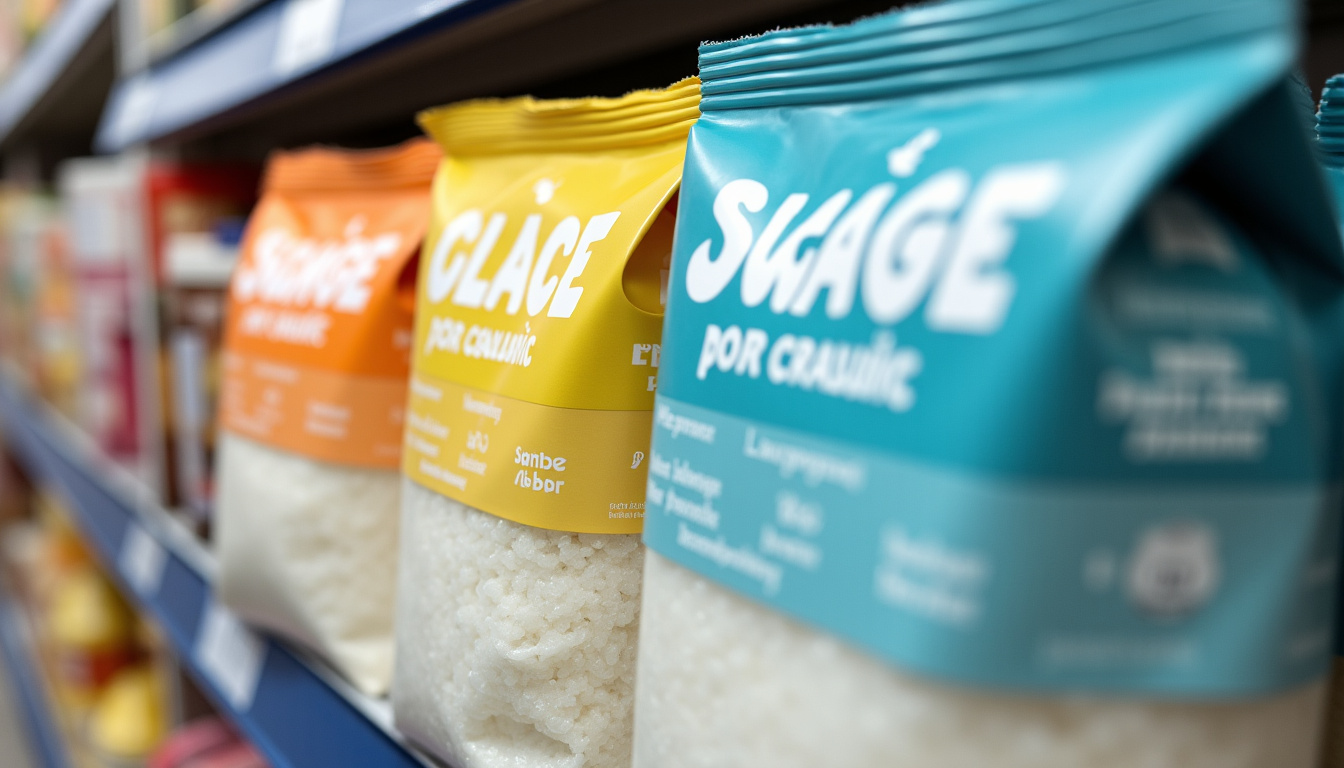 Comparaison d’étiquettes de différents types de sucre en supermarché, montrant les mentions semoule, glace, cristal