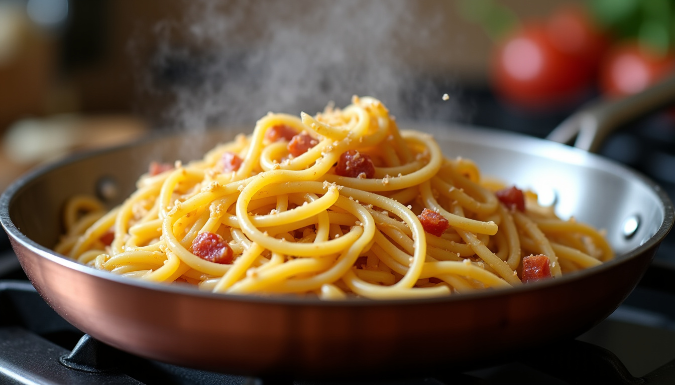 Étape de cuisson de la carbonara dans une poêle: pâtes mélangées au jus de guanciale