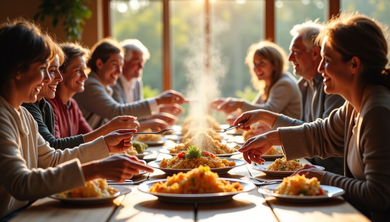 Groupe de personnes partageant un repas dans un cadre communautaire avec des sourires et des assiettes échangées