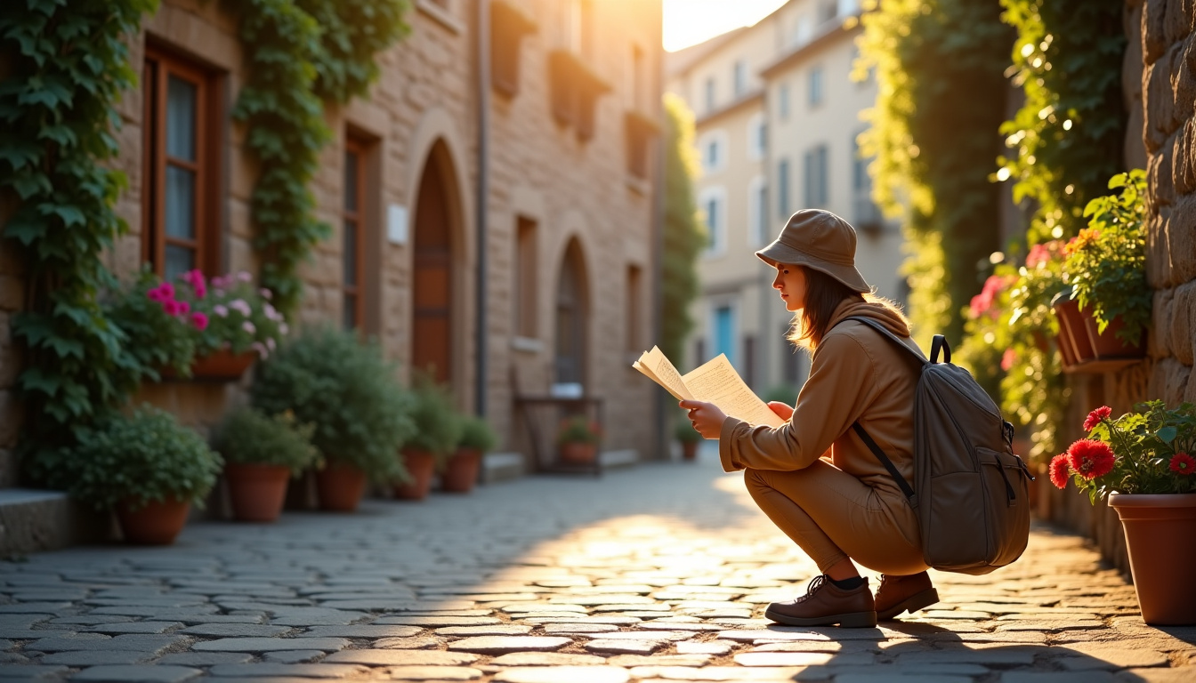 Illustration d’un voyageur localisant un marché bio sur une carte papier, sac en tissu à la main