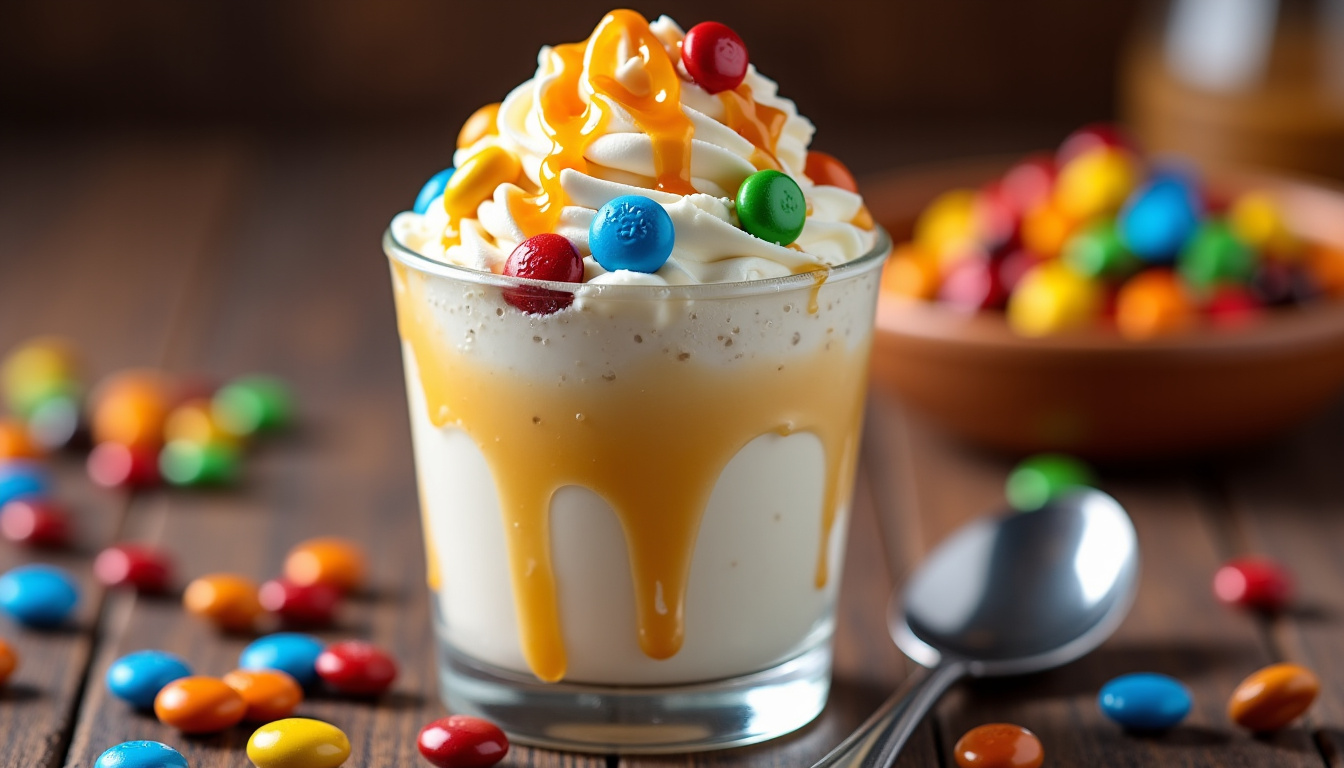 McFlurry maison servi dans un verre avec topping de M&M’s et nappage au caramel