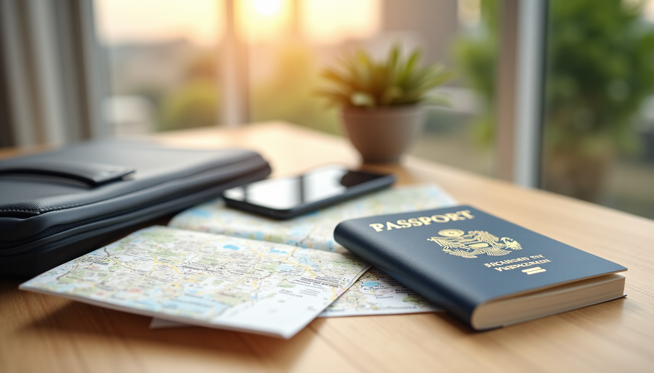 Organisation d’un voyage: passeport, valise, carte, réservation d’hôtel