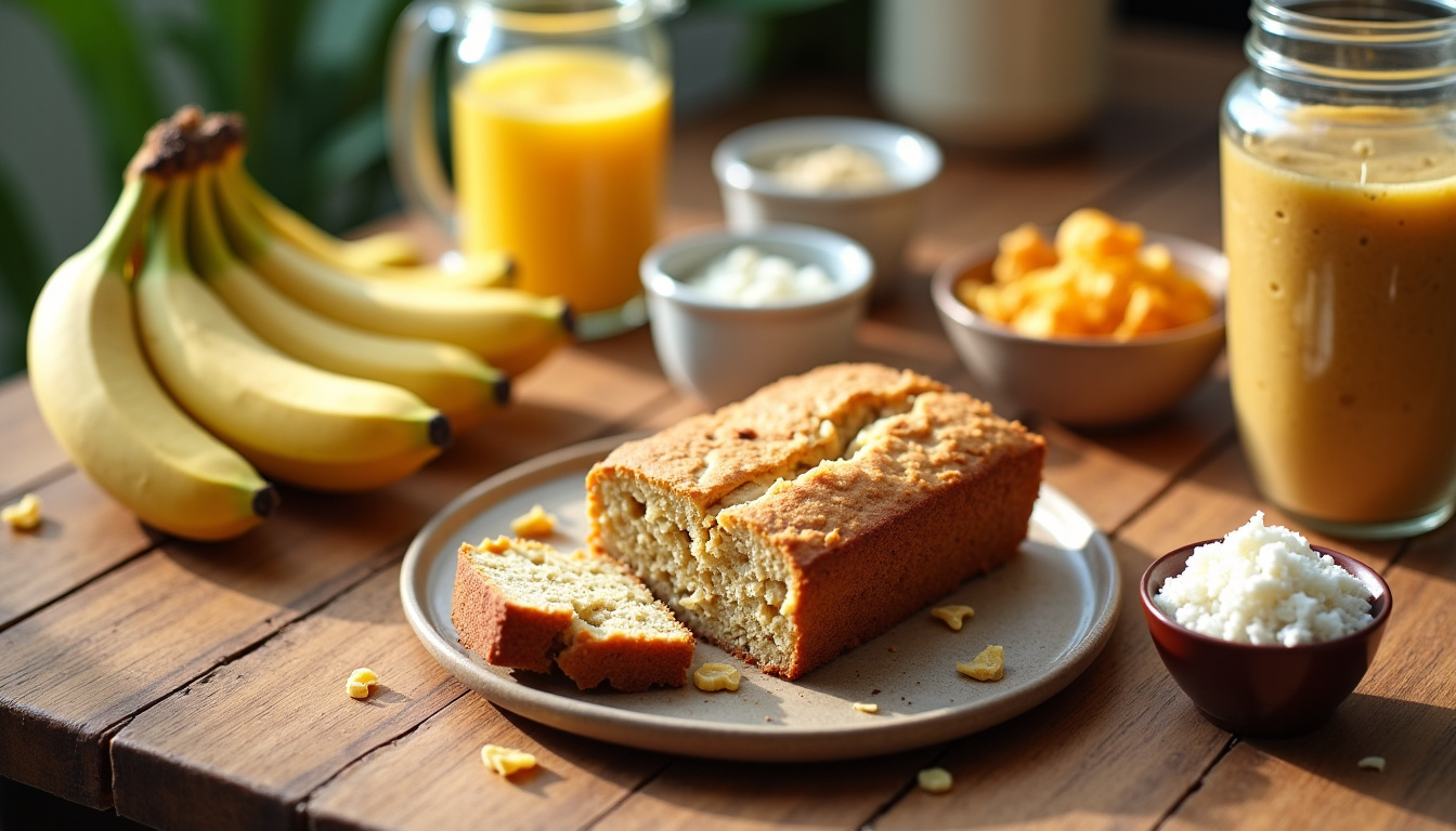 Préparation de recettes variées à base de banane bio sur plan de travail en bois