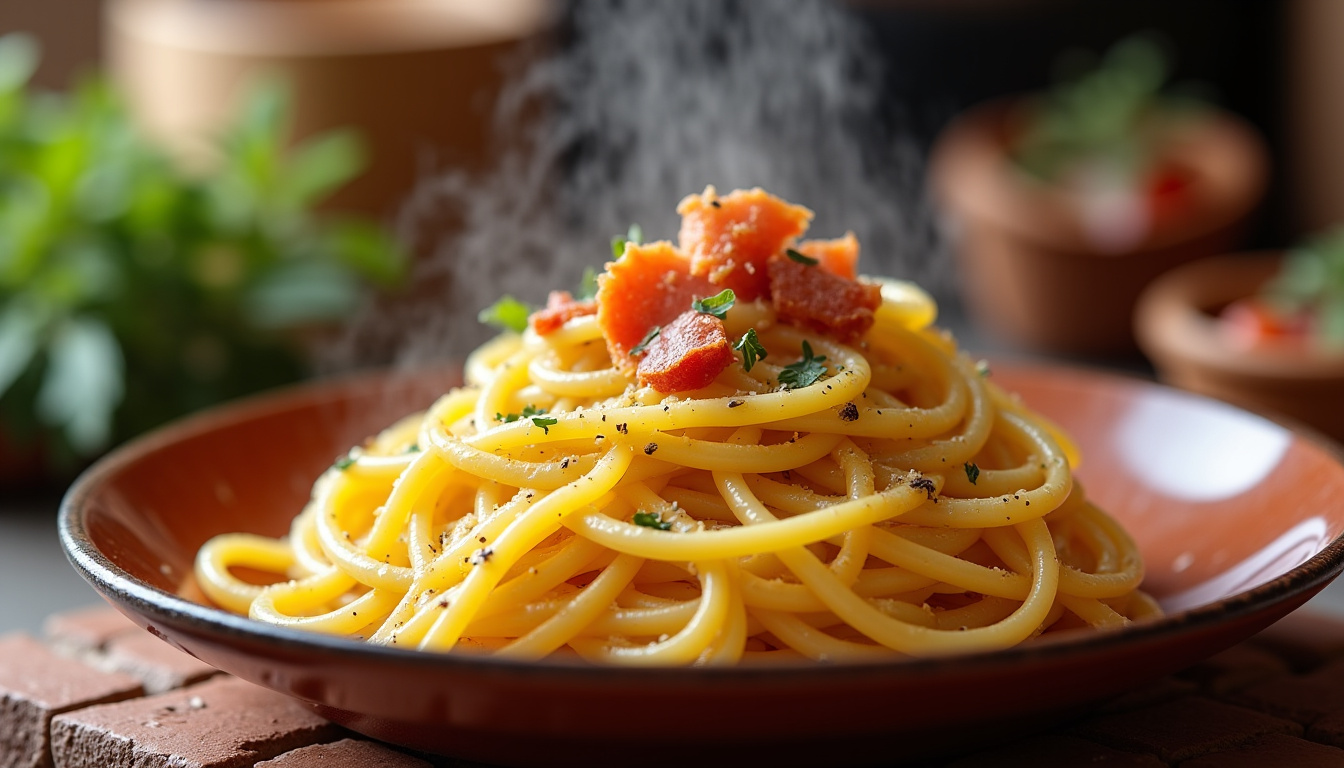 Préparation des ingrédients pour une carbonara traditionnelle: guanciale, œufs, fromage râpé et poivre noir