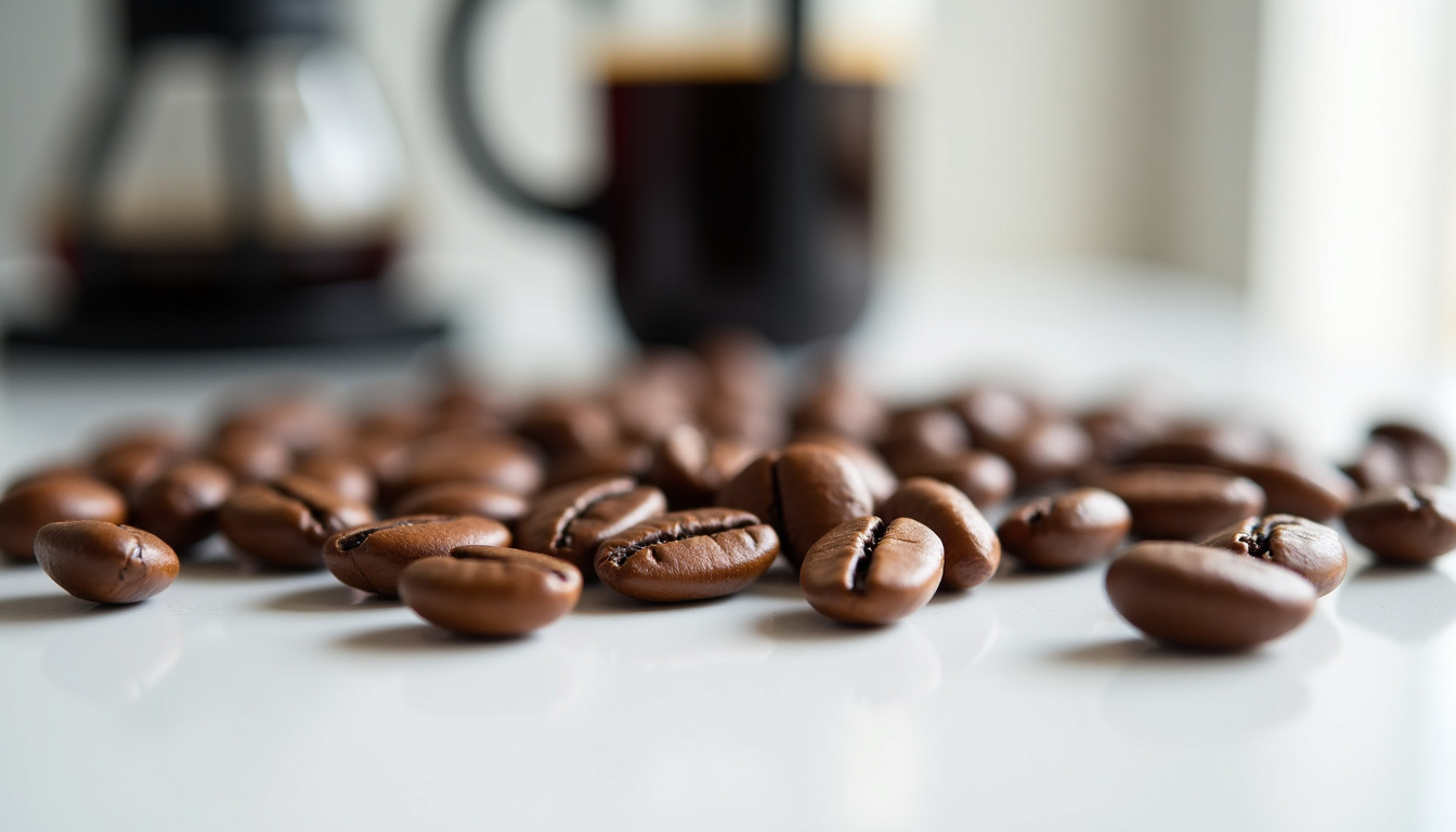 Présentation de différents grains de café entiers pour cafetière à piston