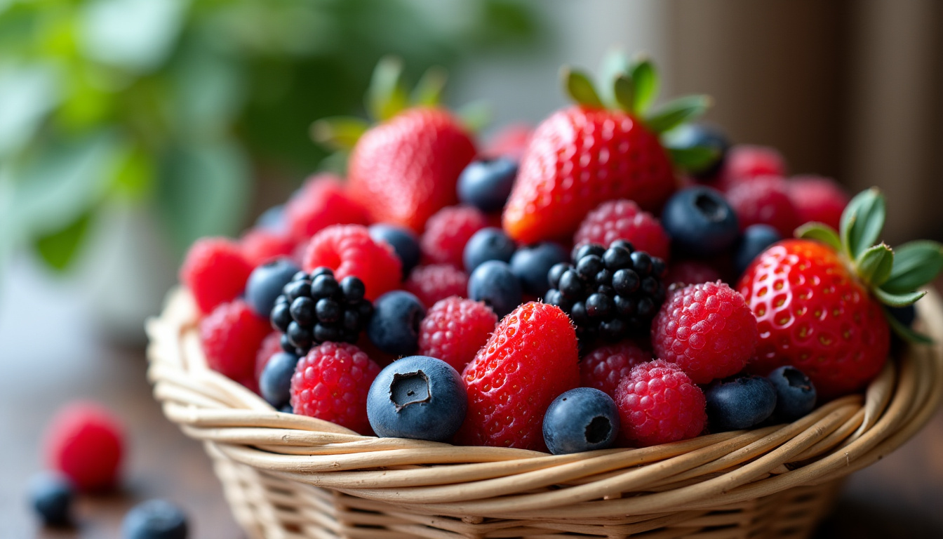 Sélection de fruits rouges frais: fraises, framboises, myrtilles et cassis disposés dans un panier en osier