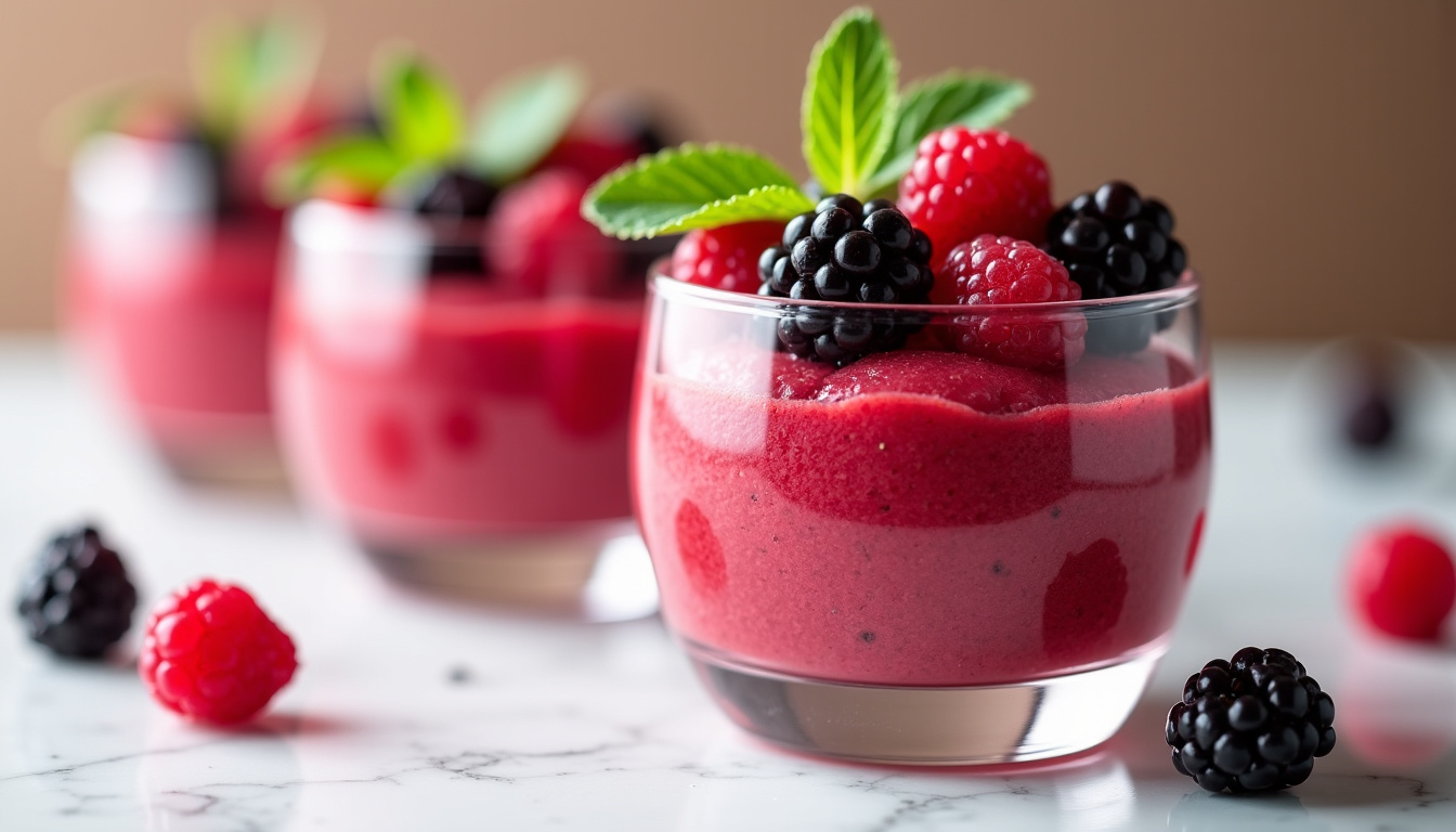 Présentation de mousse aux fruits rouges dans des verrines en verre avec décoration de fruits frais et feuilles de menthe