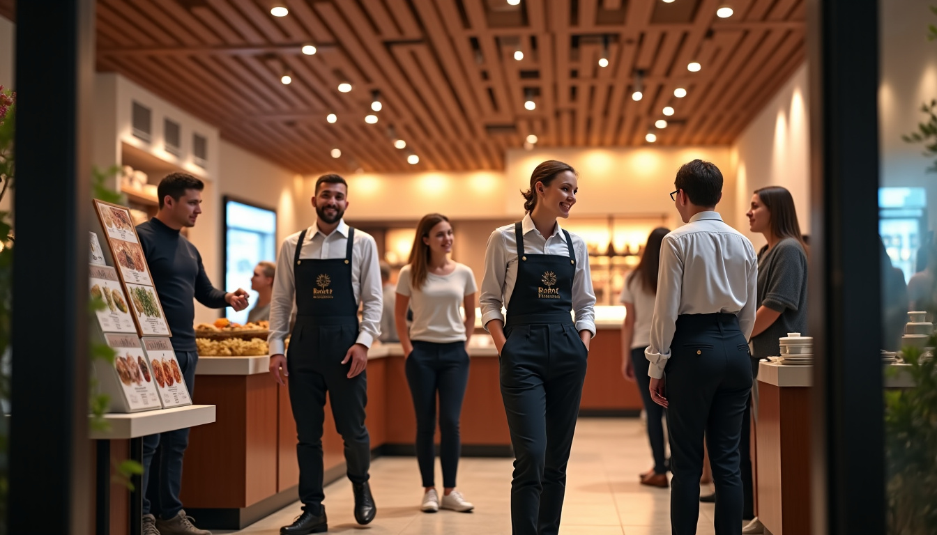 Accueil des clients à Best Buffet avec personnel en uniforme et présentoir d’information