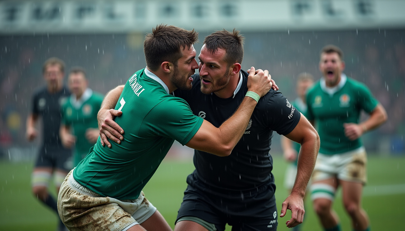 Affrontement intense entre joueurs irlandais et néo-zélandais lors d