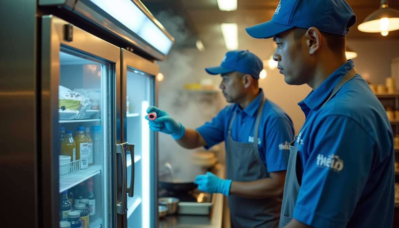 Agent de la DDPP en train de vérifier la température d’un réfrigérateur dans un restaurant asiatique