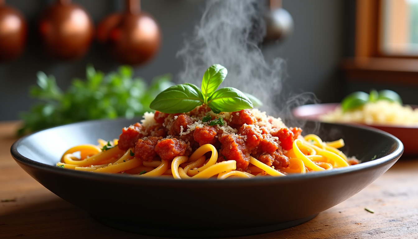 Assiette équilibrée composée de pâtes, légumes et sauce à base de chair à saucisse piquante