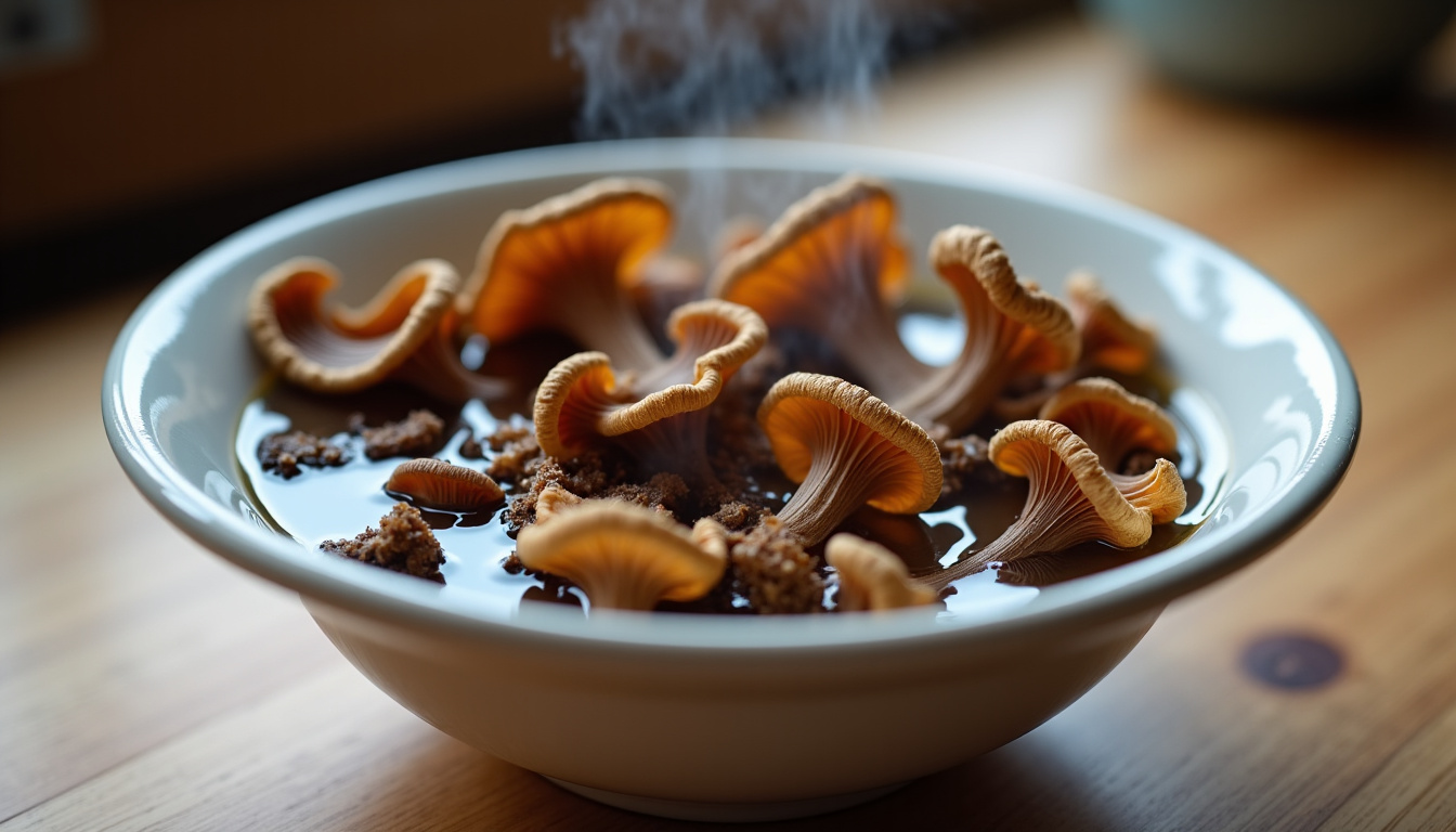 Bol avec trompettes de la mort séchées en train de réhydrater dans de l