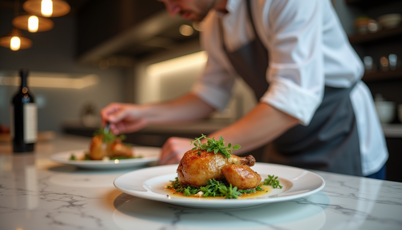 Chef en train de préparer une assiette gastronomique à domicile