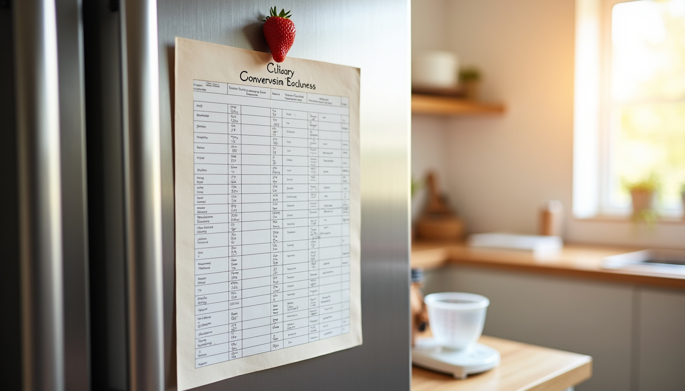 Tableau imprimé des équivalences culinaires affiché sur un frigo