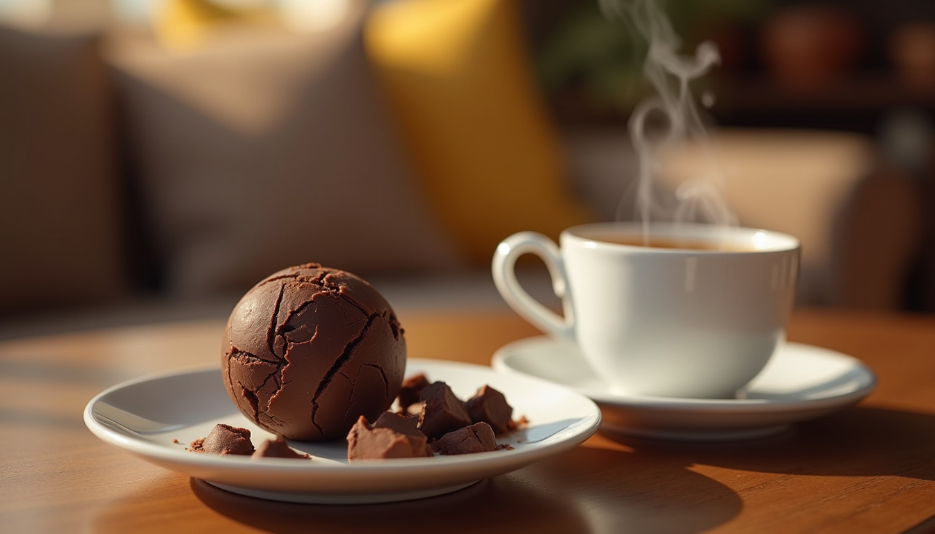 Dégustation du chocolat Dubaï en boule, morceaux posés sur une assiette avec une tasse de thé
