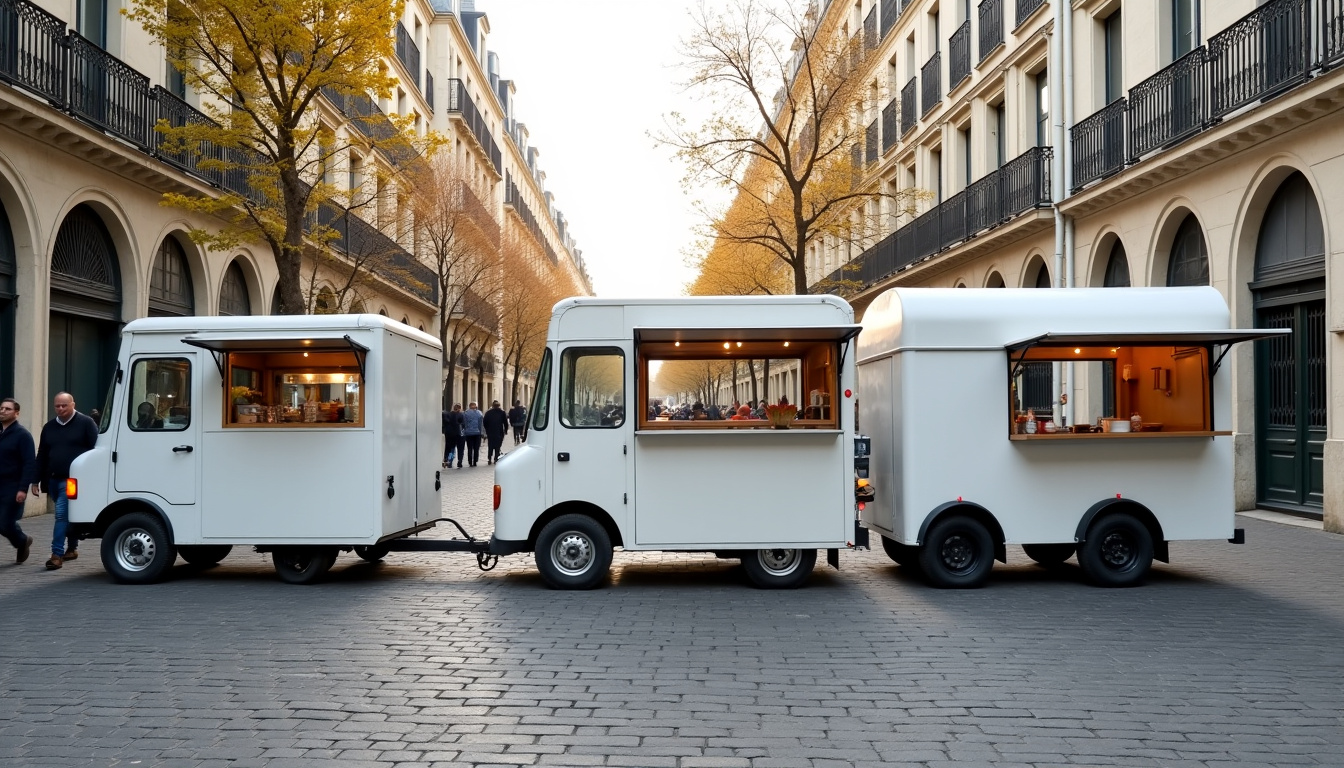 Différents formats de camions-restaurants disponibles à Paris: camion standard, remorque, container aménagé