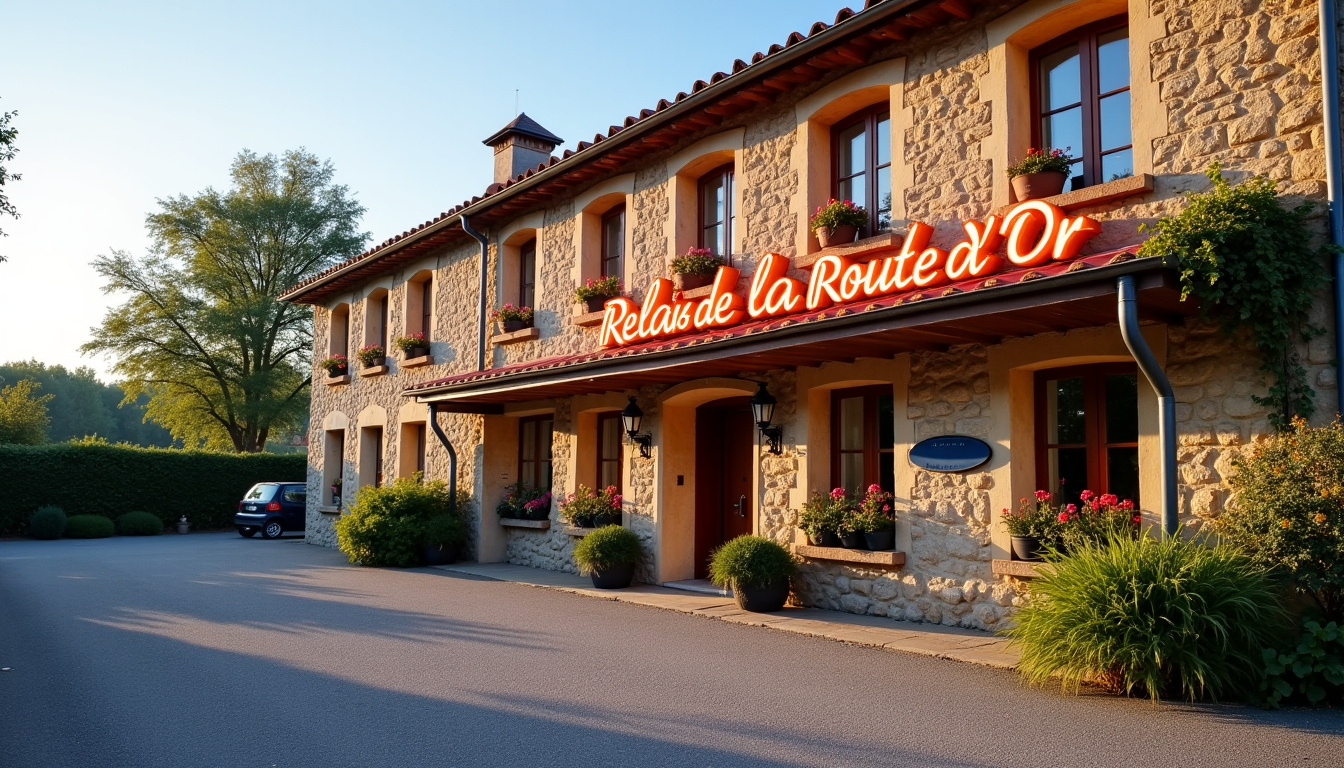 Façade rénovée du Relais de la Route d’Or à Bérus, avec parking visible et enseigne lumineuse