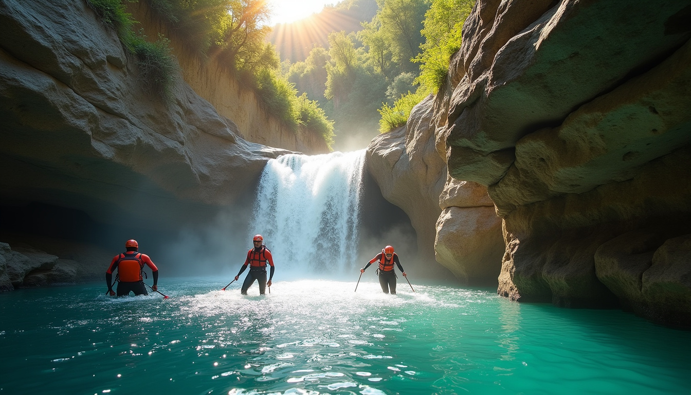 Groupe de canyonneurs en combinaison néoprène descendant une cascade dans un canyon de la Sierra de Guara