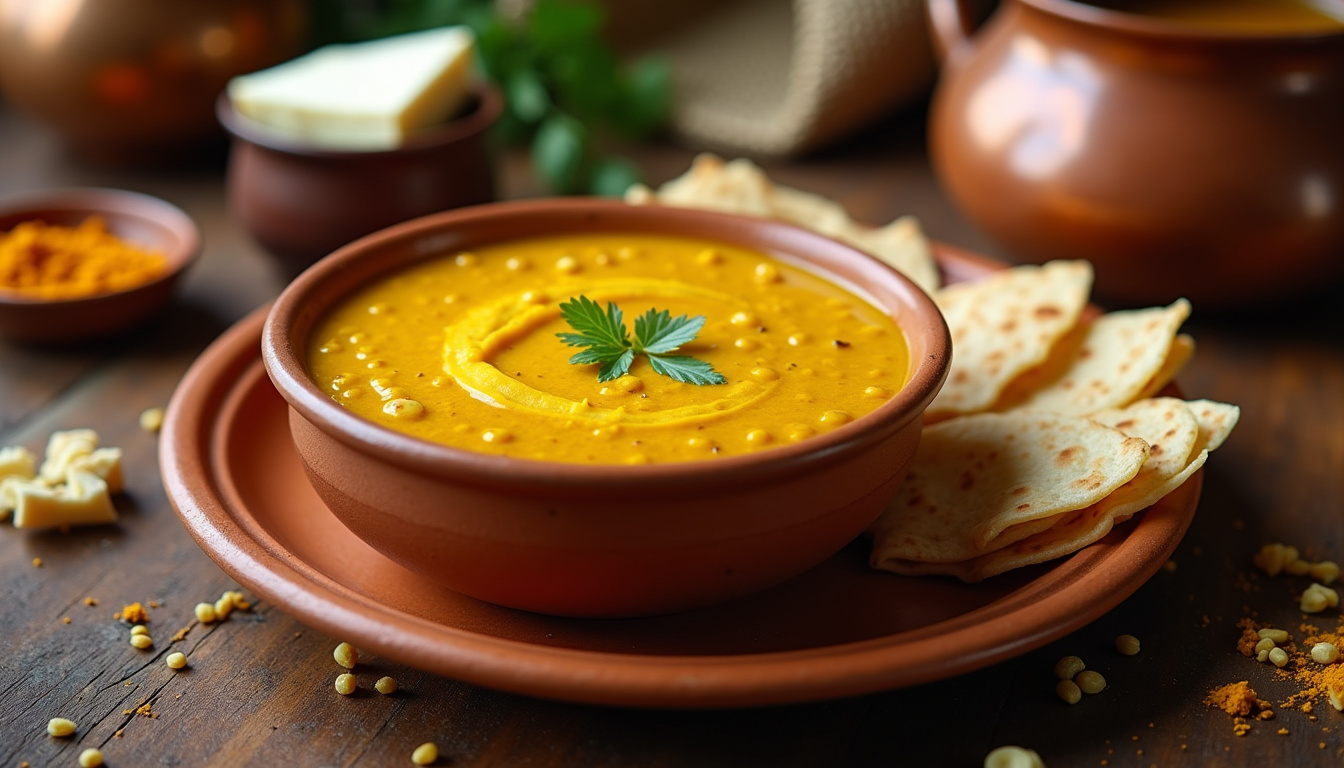 Ingrédients du dahl khi chadi: lentilles, ghee, papadums, épices, fromages