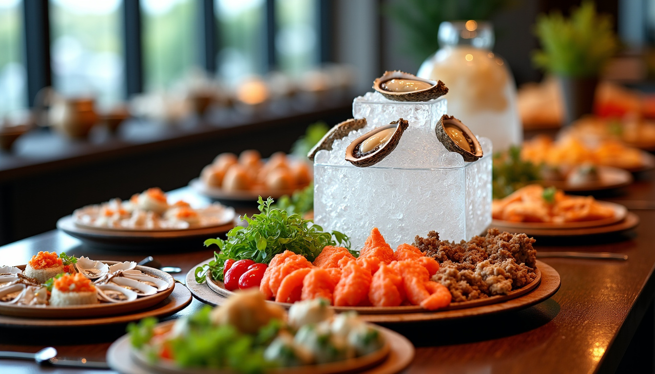 Installation du buffet avec fruits de mer frais, sushis et plats chauds à Best Buffet à Beaucaire