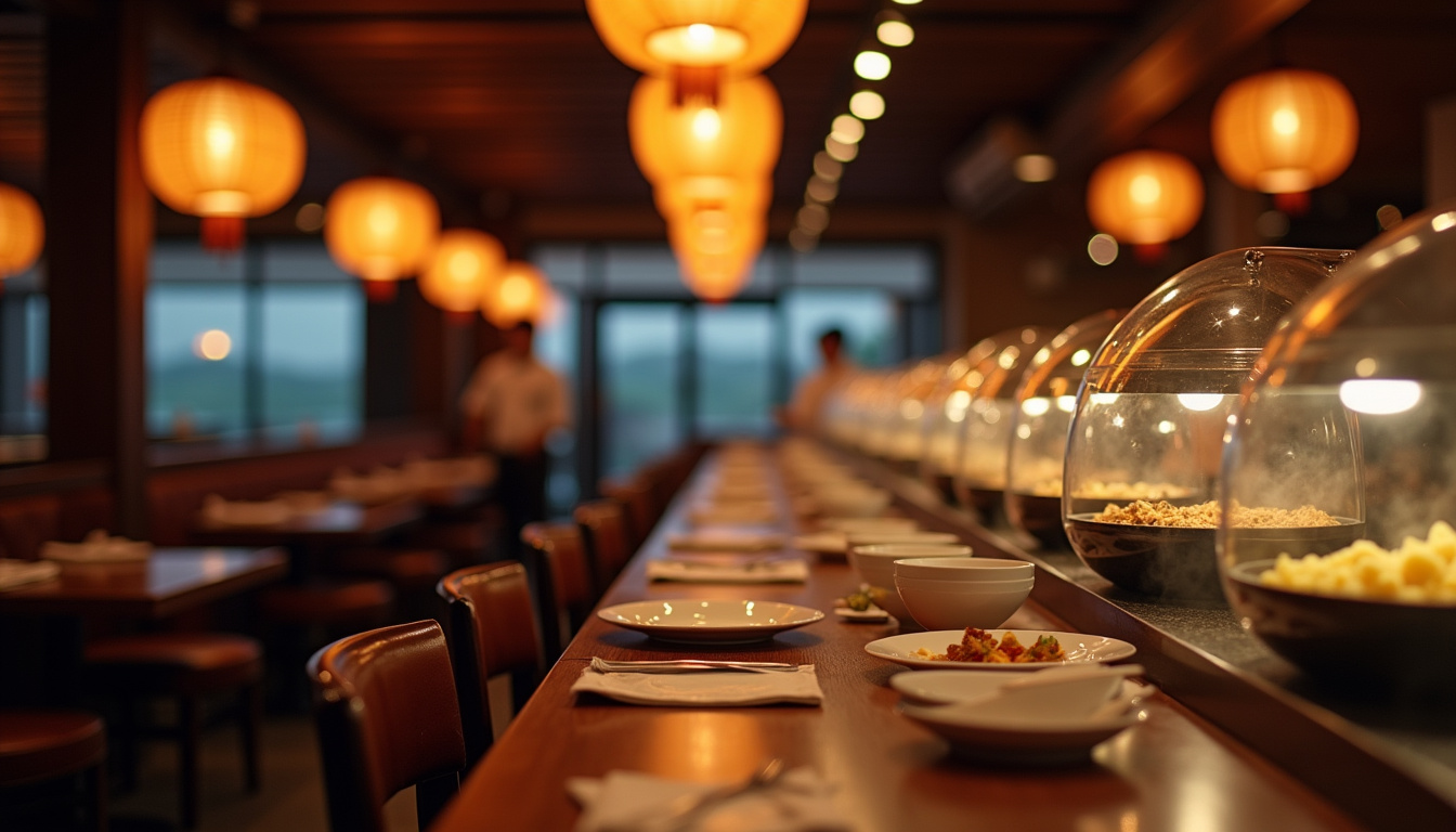 Intérieur d’un restaurant asiatique avec buffet, tables et ambiance tamisée