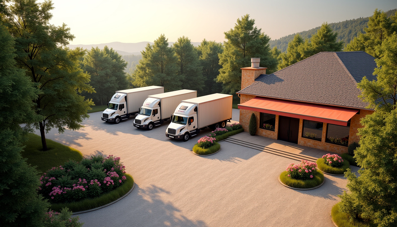 Parking arrière du Relais de la Route d’Or avec camions et vue sur l’entrée du restaurant