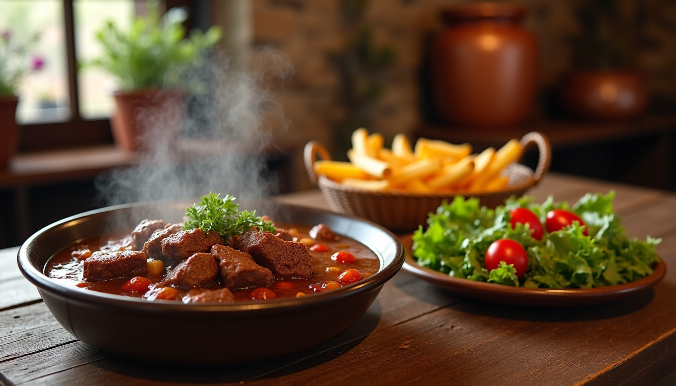 Plats traditionnels servis au Relais de la Route d’Or: ragoût, frites maison et salade verte