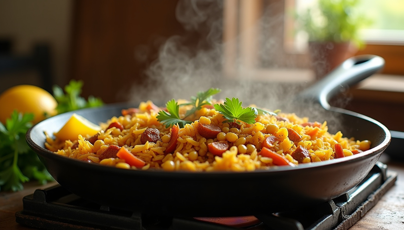 Préparation du dahl khi chadi dans une poêle avec lentilles, riz et épices