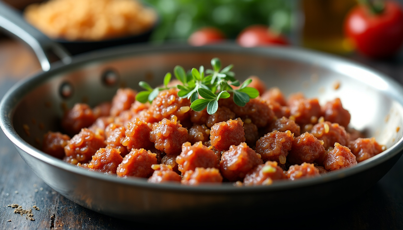 Préparation en cours: émiettage de la chair à saucisse dans une sauteuse avec oignons et épices