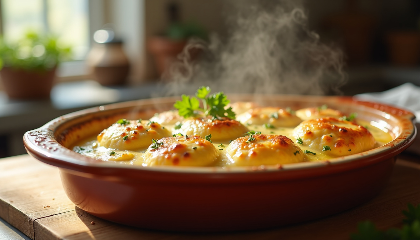 Quenelles nature disposées dans un plat légèrement beurré avant cuisson au four