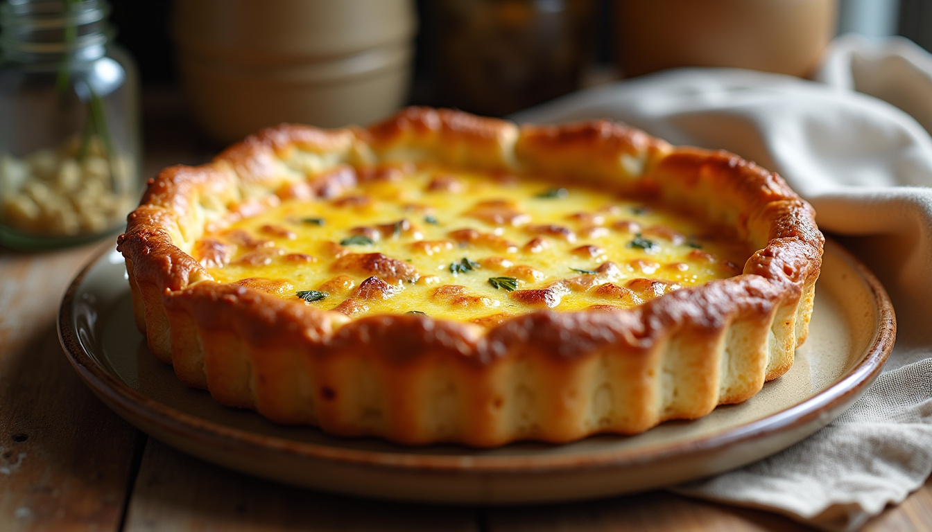 Quiche lorraine traditionnelle cuite au four, avec une croûte dorée et des lardons visibles