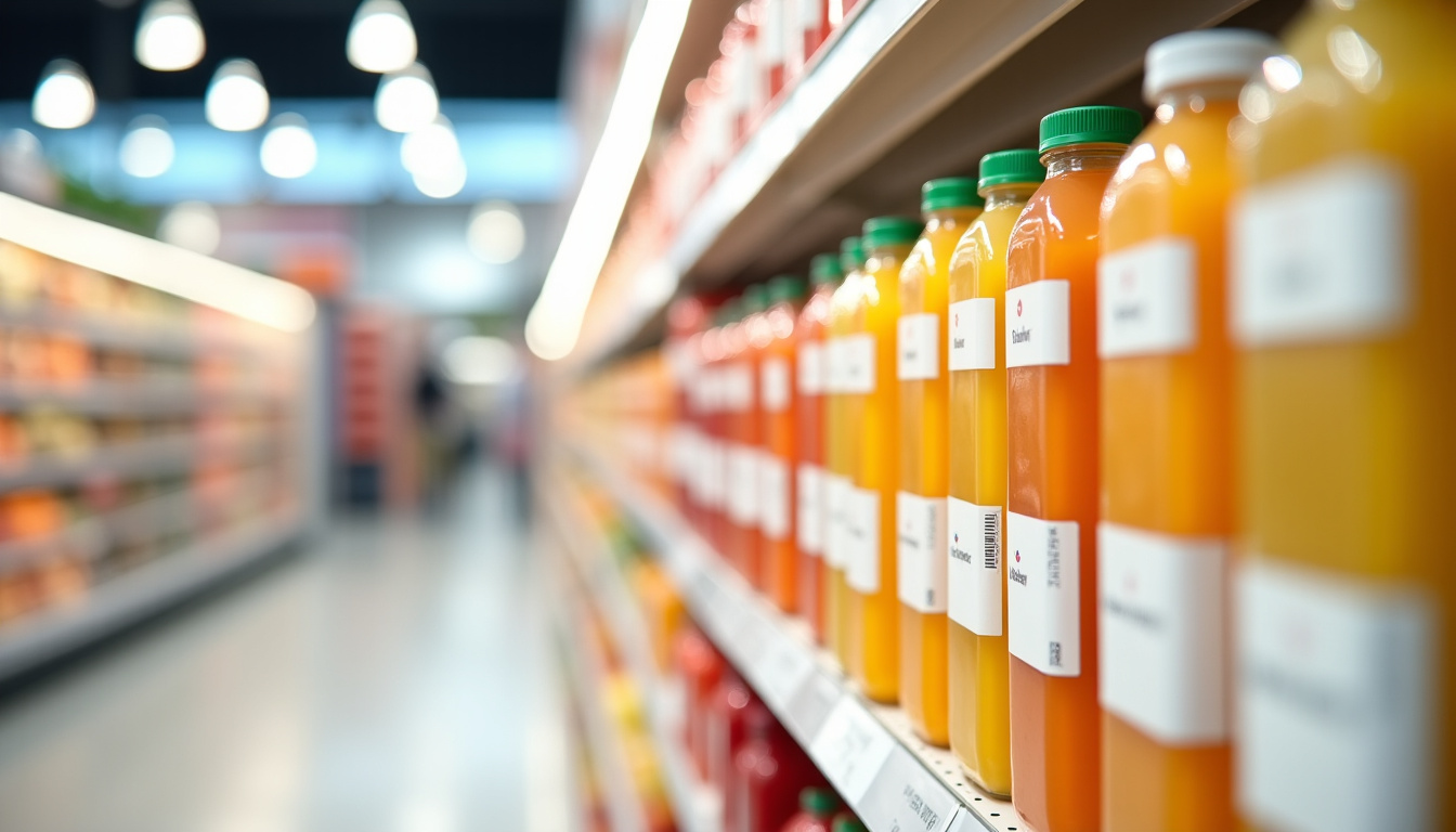 Rayon des jus de fruits pressés en supermarché avec des produits sans marque visibles