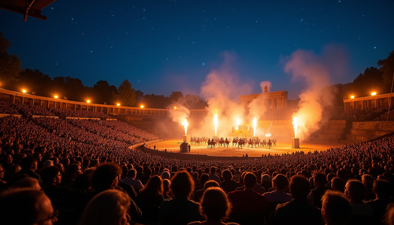 Spectacle nocturne de la Cinéscénie au Puy du Fou avec de nombreux spectateurs assis