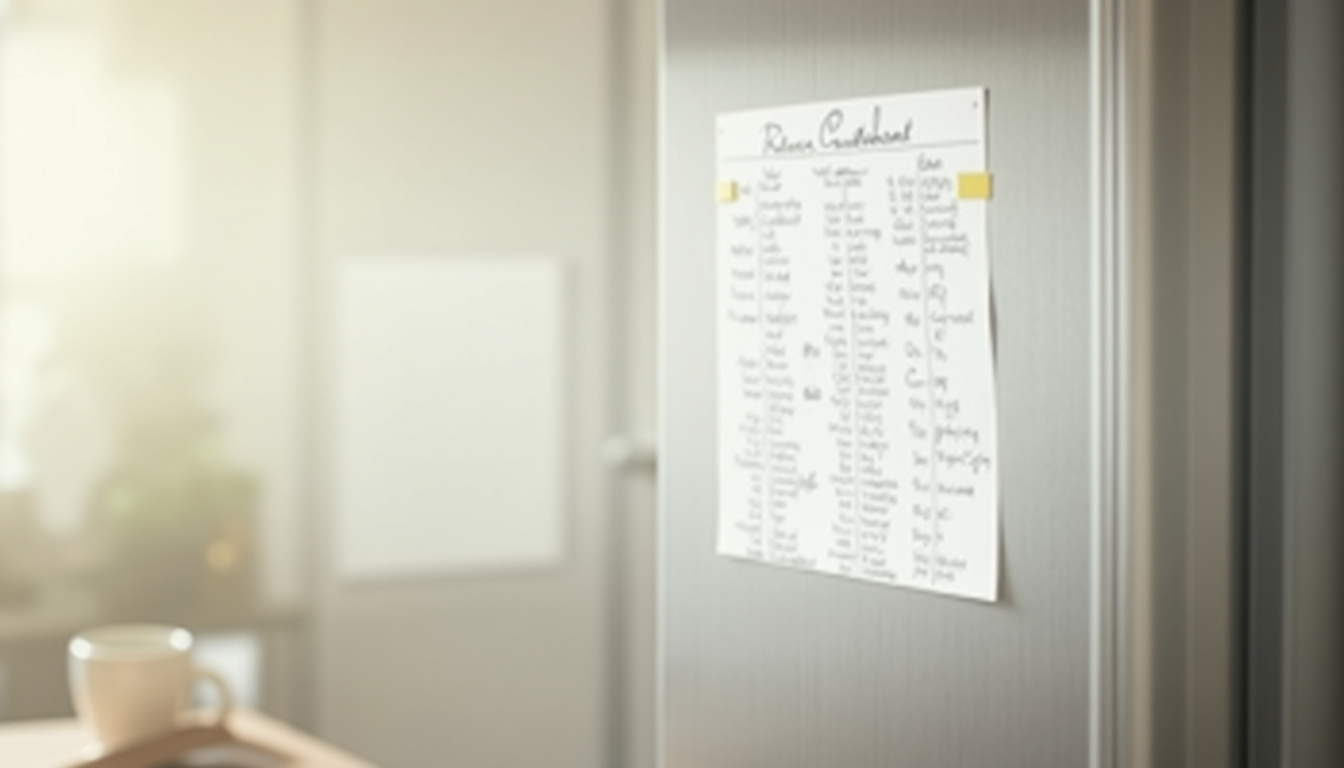 Tableau imprimé des équivalences culinaires affiché sur un frigo