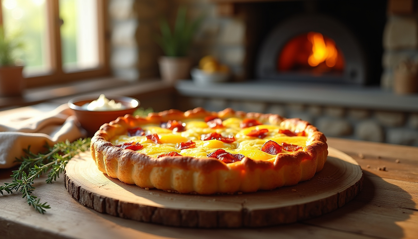 Tarte soleil aux lardons, présentée sur une table avec une décoration rustique