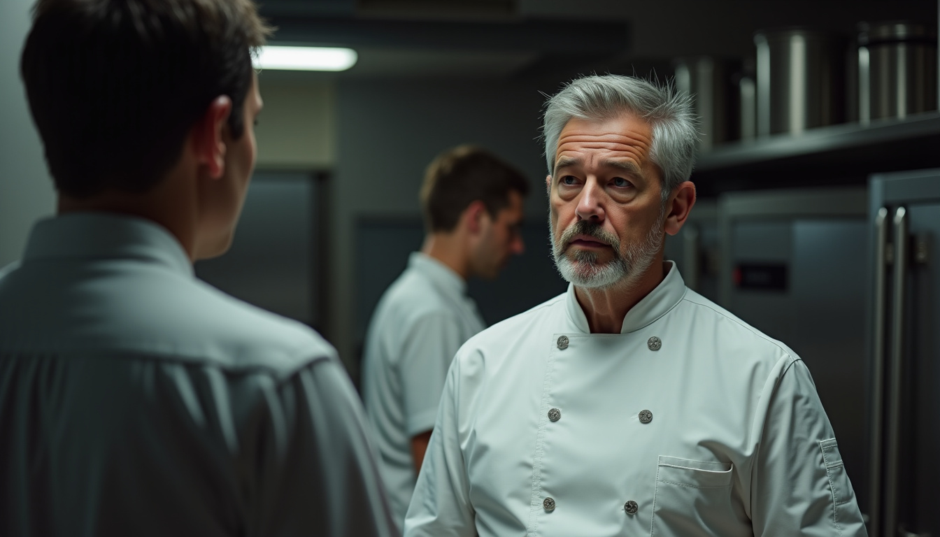 Un restaurateur écoute attentivement les conseils de Philippe Etchebest lors du tournage