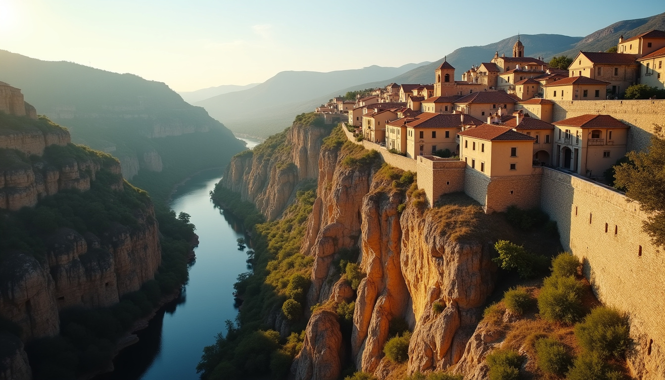 Vue aérienne du village d’Alquézar perché sur une falaise au-dessus du canyon du Rio Vero