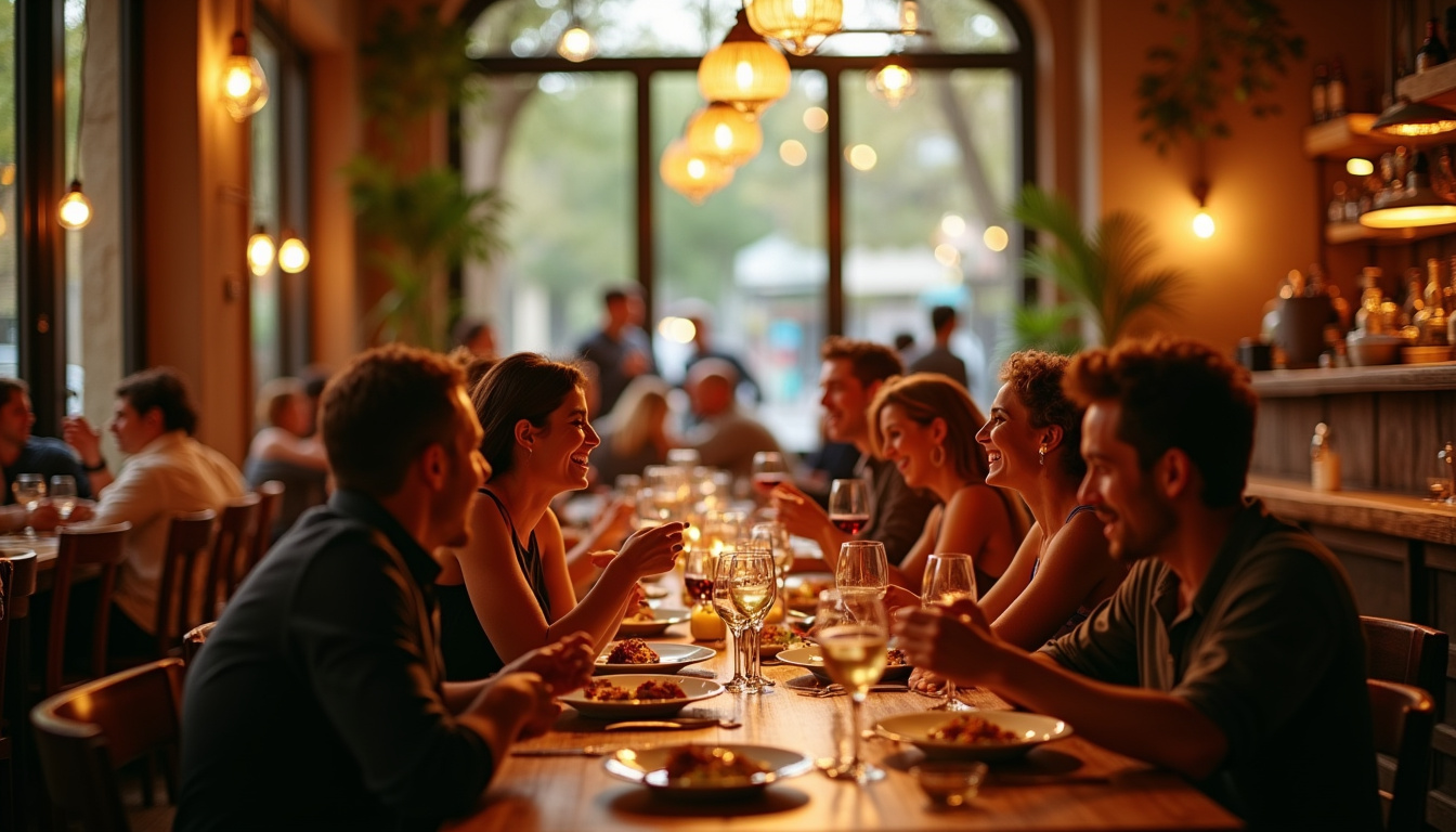 Ambiance chaleureuse du restaurant Gruppomimo à Paris 11, avec verrière, musique italienne et clients en train de dîner