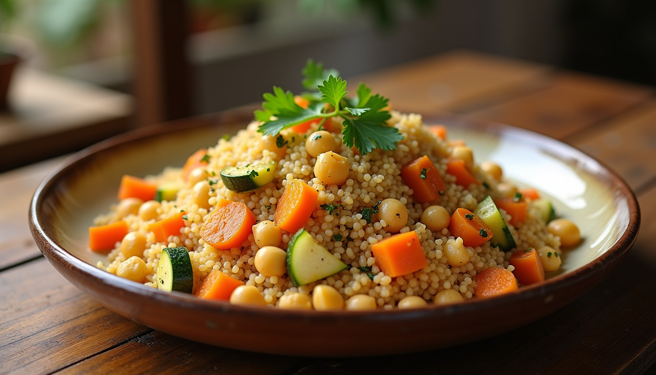 Assiette de couscous traditionnel avec carottes, navets, courgettes et pois chiches